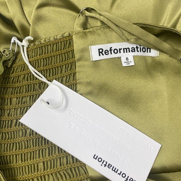 Reformation Solay Olive Green Silk Dress 6 Bridesmaid Green Midi - Picture 8 of 11